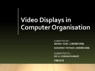 Video Displays in
Computer Organisation
SUBMITTED BY :-
MANAV GOEL (16CSU192)
KASHIESH PATHAK (16CSU168).
SUBMITTEDTO :-
DR. A. CHARAN KUMARI
CSL212
 