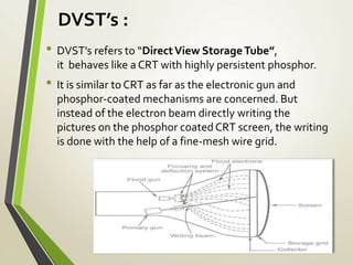 DVST’s :
• DVST’s refers to “DirectView StorageTube”,
it behaves like a CRT with highly persistent phosphor.
• It is similar to CRT as far as the electronic gun and
phosphor-coated mechanisms are concerned. But
instead of the electron beam directly writing the
pictures on the phosphor coated CRT screen, the writing
is done with the help of a fine-mesh wire grid.
 