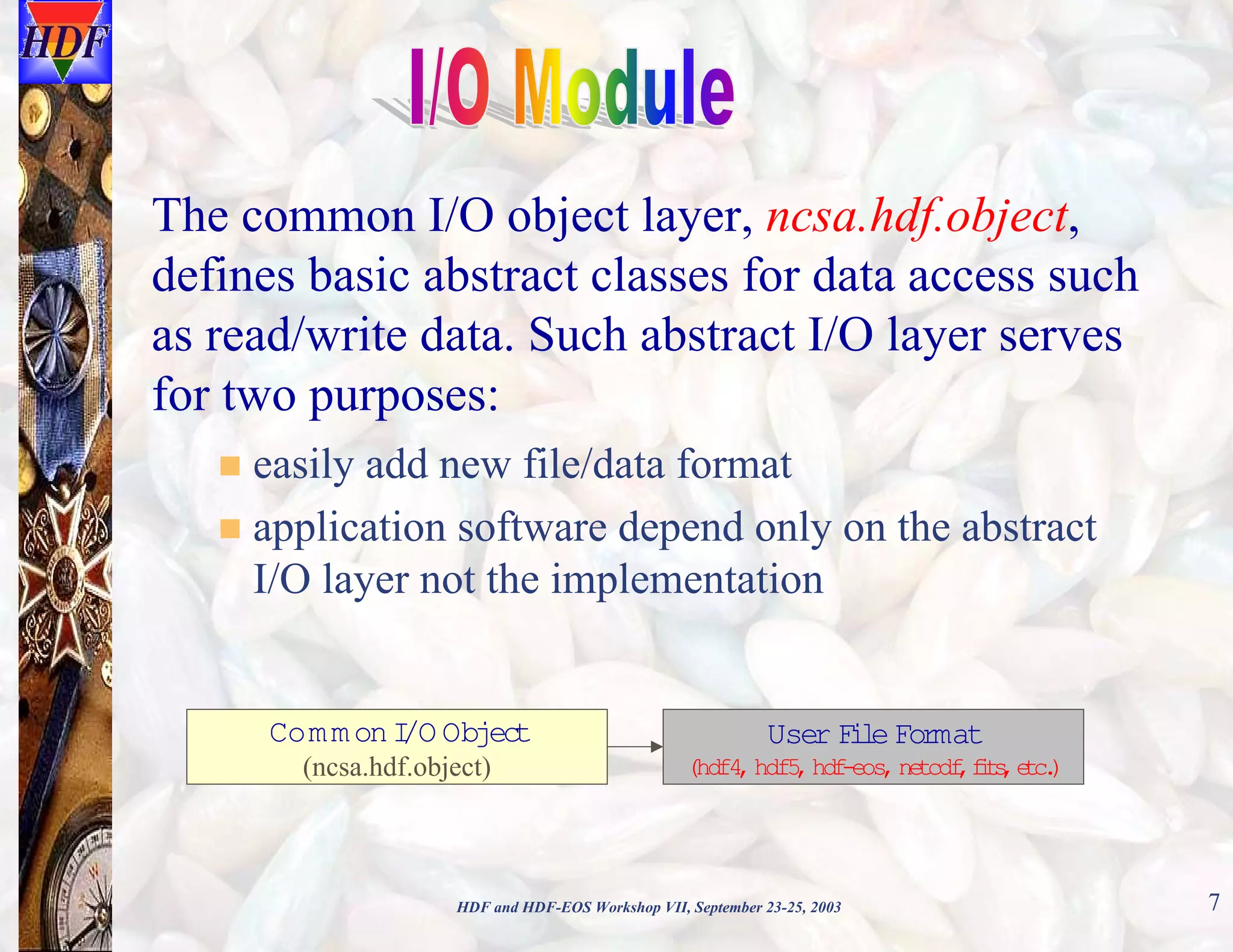 The common I/O object layer, ncsa.hdf.object,
defines basic abstract classes for data access such
as read/write data. Such abstract I/O layer serves
for two purposes:
easily add new file/data format
application software depend only on the abstract
I/O layer not the implementation

Com m on I Objec
/O
t

User F l Fo mat
ie r

(ncsa.hdf.object)

(hd , hdf5 hd -e , ne cdf ft,e c )
f4
, f os t , is t .

HDF and HDF-EOS Workshop VII, September 23-25, 2003

7

 