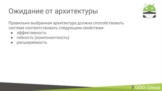Ожидание от архитектуры
Правильно выбранная архитектура должна способствовать
системе соответствовать следующим свойствам:
● эффективность
● гибкость (компонентность)
● расширяемость
 