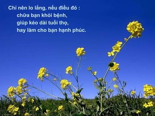 Chỉ nên lo lắng, nếu điều đó :
chữa bạn khỏi bệnh,
giúp kéo dài tuổi thọ,
hay làm cho bạn hạnh phúc.
 