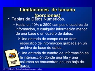 Tablas de Datos Numéricos. Hasta un 10% o 2500 campos o cuadros de información, o cualquier información menor de una base o un cuadro de datos. Una entrada de campo es un ítem específico de información grabada en un archivo de base de datos. Una entrada de cuadro de información es la intersección donde una fila y una columna se encuentran en una hoja de datos. Limitaciones  de tamaño (porciones) 