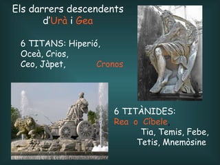 6 TITÀNIDES : Rea  o  Cíbele ,   Tia, Temis, Febe, Tetis, Mnemòsine  6 TITANS : Hiperió, Oceà, Crios, Ceo, Jàpet,  Cronos Els darrers descendents  d’ Urà  i  Gea 