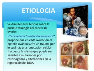 • Se discuten tres teorías sobre la
posible etiología del cáncer de
ovario:
• 1-Teoría de la "ovulación incesante",
propone que en cada ovulación el
epitelio ovárico sufre un trauma por
lo cual hay una renovación celular
frecuente la misma que puede ser
sensible a mutaciones por
carcinógenos y alteraciones en la
reparación del DNA.
ETIOLOGIA
 