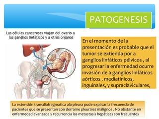 En el momento de la
presentación es probable que el
tumor se extienda por a
ganglios linfáticos pélvicos , al
progresar la enfermedad ocurre
invasión de a ganglios linfáticos
aórticos , mediatinicos,
inguinales, y supraclaviculares,
La extensión transdiafragmatica ala pleura pude explicar la frecuencia de
pacientes que se presentan con derrame pleurales malignos . No obstante en
enfermedad avanzada y recurrencia las metastasis hepáticas son frecuentes
PATOGENESIS
 