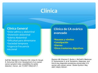 Clínica
Clínica General
•Dolor pélvico y abdominal
•Distensión abdominal
•Edema Abdominal
•Dificultad para alimentarse
•Saciedad temprana
•Urgencia-Frecuencia
miccional
Clínica de CA ovárico
avanzado
•Nauseas y vómitos
•Constipación
•Diarrea
•Otros trastornos digestivos
Goff BA, Mandel LS, Drescher CW, Urban N, Gough
S, Schurman KM, et al. Development of an ovarian
cancer symptom index: possibilities for earlier
detection. Cancer. Jan 15 2007;109(2):221-7.
Ryerson AB, Eheman C, Burton J, McCall N, Blackman
D, Subramanian S, et al. Symptoms, diagnoses, and
time to key diagnostic procedures among older U.S.
women with ovarian cancer. Obstet Gynecol. May
2007;109(5):1053-61.
 