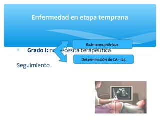 ∗ Grado I: no necesita terapéutica
Seguimiento
Enfermedad en etapa temprana
Exámenes pélvicos
Determinación de CA - 125
 