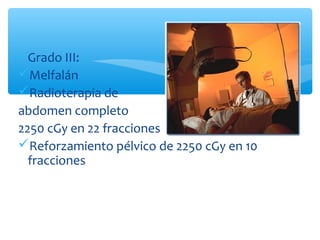 ∗ Grado III:
Melfalán
Radioterapia de
abdomen completo
2250 cGy en 22 fracciones
Reforzamiento pélvico de 2250 cGy en 10
fracciones
 