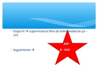 ∗ Etapa III  supervivencia libre de enfermedad de 50 –
70%
∗ Seguimiento 
AFP
B - hCG
 