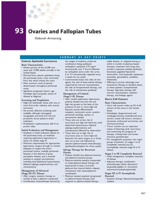 93      Ovaries and Fallopian Tubes
               Deborah Armstrong




                                              S U M M ARY       O F    K EY      P O I N T S
 Celomic Epithelial Carcinoma                     the weight of evidence, preferred             stable disease, or relapsed during or
 Basic Characteristics                            combination being paclitaxel-                 within 6 months of platinum-based
 • Ninety percent of the 23,300 new               carboplatin: paclitaxel (175 mg/m2            therapy): treatment with drugs that
   cases and 13,900 deaths annually in the        intravenously over 3 hours) followed          produce responses (weekly paclitaxel,
   United States                                  by carboplatin (area under the curve,         docetaxel, pegylated liposomal
 • Derived from celomic epithelium lining         6 to 7.5 intravenously) repeated every        doxorubicin, oral etoposide, topotecan,
   the peritoneal cavity, most commonly           3 weeks for six cycles                        tamoxifen, gemcitabine, navelbine,
   from that which invests the ovary            • Controversial issues: the roles of new        ifosfamide)
 • Most common route of spread:                   agents, the role of dose-intense therapy    • Offering no proven advantage over
   dissemination throughout peritoneal            supported by marrow reconstitution,           intravenous therapy at standard doses
   cavity                                         the role of intraperitoneal therapy, and      to these patients: intraperitoneal
 • Signiﬁcant prognostic factors: age,            the role of maintenance paclitaxel            therapy, high-dose therapy with
   histologic type and grade, extent of         Management of Limited                           marrow reconstitution, radiation
   disease at diagnosis                         (Stage I–II) Disease                            therapy, and biologic agents

 Screening and Prophylaxis                      • After careful exploratory laparotomy,       Germ Cell Cancers
 • High-risk individuals: those with one or       patients divided into low-risk and          Basic Characteristics
   more ﬁrst-order relatives with ovarian         high-risk groups on the basis of the        • Germ cell cancers make up 5% of all
   carcinoma                                      presence of one or more high-risk             cancers of the ovary in the United
 • No proven effective screening tests            features: poorly differentiated               States
   available, although transvaginal               neoplasm, extracystic tumor, positive       • Histologies: dysgerminomas and
   sonography and serial CA-125 and               peritoneal washings, ascites, or              nondysgerminomas (endodermal sinus
   proteomic serum patterns under                 extraovarian disease                          tumors, mixed cell tumors, immature
   evaluation                                   • Those who are at low risk of                  teratomas, embryonal carcinomas, and
 • Prophylactic oophorectomy still of no          recurrence (no high-risk features): total     choriocarcinomas)
   proven value                                   abdominal hysterectomy, bilateral           • Tumor markers are an important
                                                  salpingo-oophorectomy, and                    means of detecting early recurrence
 Initial Evaluation and Management                omentectomy followed by observation           and monitoring the progress of
 • Emphasis in initial evaluation placed on     • Those who are at high risk of                 therapy: α-fetoprotein and human
   the peritoneal cavity, an emphasis             recurrence (one or more high-risk             chorionic gonadotropin
   requiring exploratory laparotomy in            features): the same surgery as in those     • For management purposes, two major
   those not clearly stage IV                     who are at low risk followed by               groups of patients: (1) stages I to III
 • Minimum requirements for appropriate           adjuvant platinum-based chemotherapy          completely resected and (2)
   laparotomy: surgery through an incision        (paclitaxel/carboplatin for three cycles)     incompletely resected stage III to IV
   adequate to inspect the entire
                                                Salvage Therapy for Recurrent                   disease
   peritoneal surface, multiple peritoneal
                                                Disease
   biopsies in the absence of gross                                                           Stages I to III Completely Resected
                                                • Patients divided into platinum-sensitive
   extrapelvic disease, and a maximal                                                         • Initial management: complete resection
                                                  and platinum-resistant groups
   attempt at surgical cytoreduction,                                                           of disease
                                                • Platinum-sensitive patients (responded
   including total abdominal hysterectomy,                                                    • Adjuvant therapy: combination
                                                  to initial platinum-based therapy and
   bilateral salpingo-oophorectomy, and                                                         chemotherapy (either bleomycin/
                                                  experienced at least a 6-month
   omentectomy                                                                                  etoposide/cisplatin or vincristine/
                                                  platinum-free interval before relapse):
                                                                                                actinomycin/cyclophosphamide)
 Management of Advanced                           retreatment with taxane/platinum
 (Stage III–IV) Disease                           combination                                 Stages III to IV Incompletely
 • After surgery, systemic therapy to           • Platinum-resistant patients (progressed     Resected
   include at least a platinum compound           on platinum-based therapy, best             • Systemic therapy: bleomycin/etoposide/
 • Combination chemotherapy favored by            response to platinum-based therapy            cisplatin




                                                                                                                                     1827
 