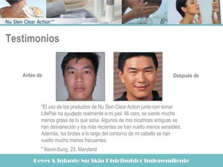 Testimonios


   Antes de                                                             Después de




          “El uso de los productos de Nu Skin Clear Action junto con tomar
          LifePak ha ayudado realmente a mi piel. Mi cara, se siente mucho
          menos grasa de lo que solía. Algunos de mis cicatrices antiguas se
          han desvanecido y los más recientes se han vuelto menos sensibles.
          Además, los brotes a lo largo del contorno de mi cabello se han
          vuelto mucho menos frecuentes.
          " Kevin-Sung, 23, Maryland

       Reyes & Infante Nu Skin Distribuidor Independiente
 