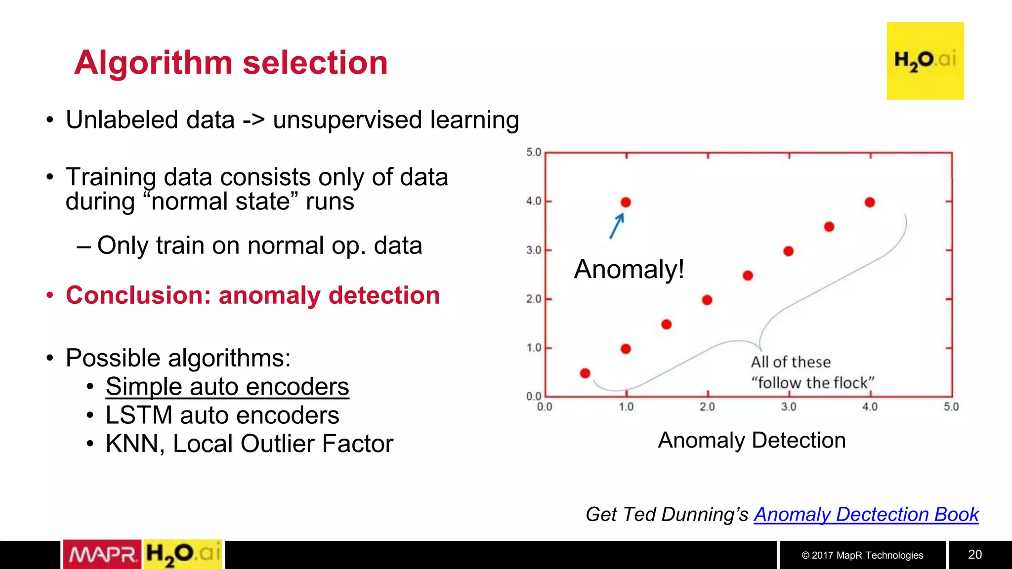© 2017 MapR Technologies 20
Algorithm selection
• Unlabeled data -> unsupervised learning
• Training data consists only of data
during “normal state” runs
– Only train on normal op. data
• Conclusion: anomaly detection
• Possible algorithms:
• Simple auto encoders
• LSTM auto encoders
• KNN, Local Outlier Factor Anomaly Detection
Get Ted Dunning’s Anomaly Dectection Book
Anomaly!
 
