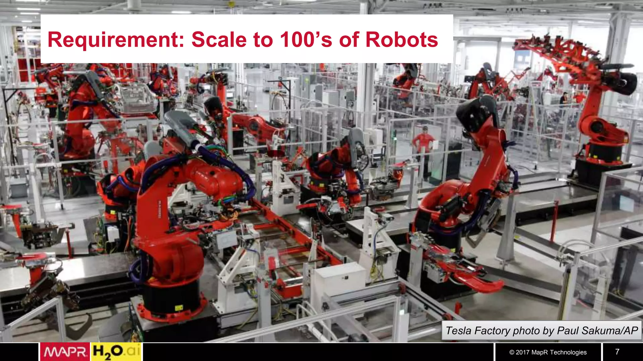 © 2017 MapR Technologies 7
Requirement: Scale to 100’s of Robots
Tesla Factory photo by Paul Sakuma/AP
 
