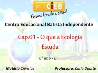 Cap.01 -O que a Ecologia
Estuda
Centro Educacional Batista Independente
6° ano - B
Matéria:Ciências Professora: Carla Duarte
 