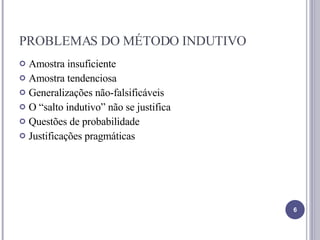 PROBLEMAS DO MÉTODO INDUTIVO Amostra insuficiente Amostra tendenciosa Generalizações não-falsificáveis O “salto indutivo” não se justifica Questões de probabilidade Justificações pragmáticas 