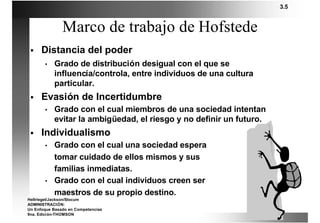 3.5


               Marco de trabajo de Hofstede
 §    Distancia del poder
       •   Grado de distribución desigual con el que se
           influencía/controla, entre individuos de una cultura
           particular.
 §    Evasión de Incertidumbre
       •   Grado con el cual miembros de una sociedad intentan
           evitar la ambigüedad, el riesgo y no definir un futuro.
 §    Individualismo
       •   Grado con el cual una sociedad espera
           tomar cuidado de ellos mismos y sus
           familias inmediatas.
       •   Grado con el cual individuos creen ser
           maestros de su propio destino.
Hellriegel/Jackson/Slocum
ADMINISTRACIÓN:
Un Enfoque Basado en Competencias
9na. Edición-THOMSON
 