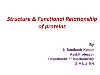 Structure & Functional Relationship
of proteins
By
N.Santhosh Kumar
Asst.Professor
Department of Biochemistry
SIMS & RH
 