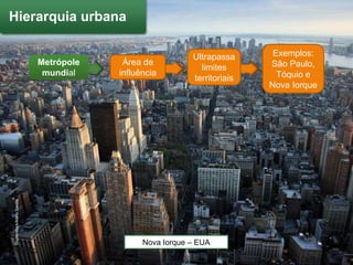 Hierarquia urbana

                                                          Ultrapassa      Exemplos:
                            Metrópole    Área de                         São Paulo,
                                                            limites
                             mundial    influência                         Tóquio e
                                                          territoriais
                                                                         Nova Iorque
Shutterstock/Mario Savóia




                                              Nova Iorque – EUA
 