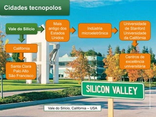 Cidades tecnopolos

                      Mais                                 Universidade
 Vale do Silício   antigo dos               Indústria      de Stanford
                    Estados              microeletrônica   Universidade
                    Unidos                                 da Califórnia

   Califórnia

                                                           Centros de
                                                            excelência
  Santa Clara                                              universitária
   Palo Alto
 São Francisco




                                                                           LatinStock/Corbis Images/Gerald French
                   Vale do Silício, Califórnia – USA
 
