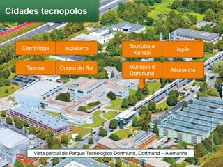 Cidades tecnopolos



   Cambridge       Inglaterra                 Tsukuba e
                                                                 Japão
                                               Kansai

    Taedok      Coreia do Sul                 Munique e
                                                               Alemanha
                                              Dortmund




                                                                          Glow Images/Alamy/© imagebroker
      Vista parcial do Parque Tecnológico Dortmund, Dortmund – Alemanha
 