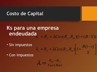 Costo de CapitalCosto de Capital
Ks para una empresa
endeudada
• Sin impuestos
• Con impuestos
))/(1)(,( SBRRCovRk mjfs ++= λ



 −
++=
S
tB
RRCovRk mjfs
)1(
1),(λ
)(RmVar
RR fm −
=λ
 