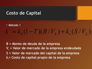 Costo de CapitalCosto de Capital
• Método 1Método 1
B = Monto de deuda de la empresa
VL = Valor de mercado de la empresa endeudada
S = Valor de mercado del capital de la empresa
kkss= Costo de capital propio de la empresa
)/()/)(1( LsLb VSkVBTkk +−=
 