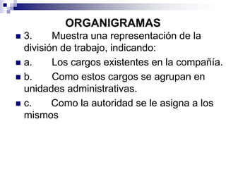 ORGANIGRAMAS
 3. Muestra una representación de la
división de trabajo, indicando:
 a. Los cargos existentes en la compañía.
 b. Como estos cargos se agrupan en
unidades administrativas.
 c. Como la autoridad se le asigna a los
mismos
 