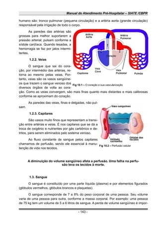 Manual do Atendimento Pré-Hospitalar – SIATE /CBPR
humano são: tronco pulmonar (pequena circulação) e a artéria aorta (grande circulação)
responsável pela irrigação de todo o corpo.
As paredes das artérias são
grossas para melhor suportarem a
pressão arterial; pulsam conforme a
sístole cardíaca. Quando lesadas, a
hemorragia se faz por jatos intermi-
tentes.
1.2.2. Veias
O sangue que sai do cora-
ção, por intermédio das artérias, re-
torna ao mesmo pelas veias. Por-
tanto, veias são os vasos sangüíne-
os que trazem o sangue venoso dos
diversos órgãos de volta ao cora-
ção. Como as veias convergem, são mais finas quanto mais distantes e mais calibrosas
conforme se aproximam do coração.
As paredes das veias, finas e delgadas, não pul-
sam.
1.2.3. Capilares
São vasos muito finos que representam a transi-
ção entre artérias e veias. É nos capilares que se dá a
troca de oxigênio e nutrientes por gás carbônico e de-
tritos, para serem eliminados pelo sistema venoso.
Ao fluxo constante de sangue pelos capilares
chamamos de perfusão, sendo ele essencial à manu-
tenção de vida nos tecidos.
A diminuição do volume sangüíneo afeta a perfusão. Uma falha na perfu-
são leva os tecidos à morte.
1.3. Sangue
O sangue é constituído por uma parte líquida (plasma) e por elementos figurados
(glóbulos vermelhos, glóbulos brancos e plaquetas).
O sangue corresponde de 7 a 8% do peso corporal de uma pessoa. Seu volume
varia de uma pessoa para outra, conforme a massa corporal. Por exemplo: uma pessoa
de 75 kg tem um volume de 5 a 6 litros de sangue. A perda de volume sangüíneo é impor-
- 143 -
Fig 10.1 – O coração e sua vascularização
Fig 10.2 – Perfusão celular
 
