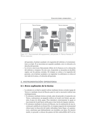 COLECISTECTOMÍA LAPAROSCÓPICA                        3




                   Técnica francesa                                      Técnica americana

                                      Aspiirigación                                      Aspiirigación




                                            B. elect.
                                                                                         CIR 1
        Monitor                   CIR 2                 Monitor

                                                                                         CIR 2
                                                              Instrum.
                                       Instrum.
                                                               Mesa
                       CIR 1             Mesa                  instrum.                          B. elect.
                                         instrum.


   Mesa en L                                            Mesa en L


Figura 10.1: Posicionamiento del equipamiento y del paciente. A. Técnica francesa; B.
Técnica americana



     del paciente, el primer ayudante a la izquierda del enfermo y la instrumen-
     tista a su lado. Si se necesitara un segundo ayudante, este se colocaría a la
     derecha del paciente.
   – La técnica americana básicamente diﬁere de la francesa en la colocación
     del enfermo y cirujanos. En este caso, el paciente se encuentra en decúbito
     supino con las piernas cerradas. El cirujano se coloca a la izquierda del
     paciente, con el primer ayudante a su izquierda. La enfermera se coloca al
     otro lado de la mesa, a la derecha del paciente.


3. INSTRUMENTACIÓN OPERATORIA

3.1. Breve explicación de la técnica

   – La entrada en cavidad se puede realizar mediante técnica cerrada (aguja de
     Veress) o mediante trocar de Hasson, para lo cual es necesario realizar una
     minilaparotomía.
     • Si entramos mediante técnica cerrada, antes de proceder a la punción con
       Veress, realizaremos un pequeño oriﬁcio en la piel con bisturí, que per-
       mita el paso de dicha aguja. Para introducir correctamente la aguja se
       traccionará de la piel hacia arriba para evitar lesión de órganos internos.
     • Si entramos mediante la técnica de Hasson, tras la realización de una in-
       cisión peri umbilical con bisturí frío, el cirujano requerirá de instrumental
       clásico para la disección del tejido subcutáneo hasta llegar a la aponeu-
       rosis y peritoneo que habitualmente son incididos con tijera. En nuestro
       medio, se procede a colocar dos puntos de hilo reabsorbible del 0 en los
 