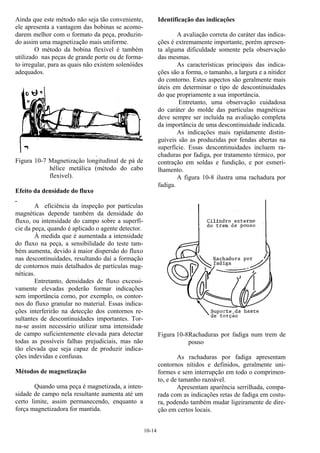10-14
Ainda que este método não seja tão conveniente,
ele apresenta a vantagem das bobinas se acomo-
darem melhor com o formato da peça, produzin-
do assim uma magnetização mais uniforme.
O método da bobina flexível é também
utilizado nas peças de grande porte ou de forma-
to irregular, para as quais não existem solenóides
adequados.
Figura 10-7 Magnetização longitudinal de pá de
hélice metálica (método do cabo
flexível).
Efeito da densidade do fluxo
A eficiência da inspeção por partículas
magnéticas depende também da densidade do
fluxo, ou intensidade do campo sobre a superfí-
cie da peça, quando é aplicado o agente detector.
À medida que é aumentada a intensidade
do fluxo na peça, a sensibilidade do teste tam-
bém aumenta, devido à maior dispersão do fluxo
nas descontinuidades, resultando daí a formação
de contornos mais detalhados de partículas mag-
néticas.
Entretanto, densidades de fluxo excessi-
vamente elevadas poderão formar indicações
sem importância como, por exemplo, os contor-
nos do fluxo granular no material. Essas indica-
ções interferirão na detecção dos contornos re-
sultantes de descontinuidades importantes. Tor-
na-se assim necessário utilizar uma intensidade
de campo suficientemente elevada para detectar
todas as possíveis falhas prejudiciais, mas não
tão elevada que seja capaz de produzir indica-
ções indevidas e confusas.
Métodos de magnetização
Quando uma peça é magnetizada, a inten-
sidade de campo nela resultante aumenta até um
certo limite, assim permanecendo, enquanto a
força magnetizadora for mantida.
Identificação das indicações
A avaliação correta do caráter das indica-
ções é extremamente importante, porém apresen-
ta alguma dificuldade somente pela observação
das mesmas.
As características principais das indica-
ções são a forma, o tamanho, a largura e a nitidez
do contorno. Estes aspectos são geralmente mais
úteis em determinar o tipo de descontinuidades
do que propriamente a sua importância.
Entretanto, uma observação cuidadosa
do caráter do molde das partículas magnéticas
deve sempre ser incluída na avaliação completa
da importância de uma descontinuidade indicada.
As indicações mais rapidamente distin-
guíveis são as produzidas por fendas abertas na
superfície. Essas descontinuidades incluem ra-
chaduras por fadiga, por tratamento térmico, por
contração em soldas e fundição, e por esmeri-
lhamento.
A figura 10-8 ilustra uma rachadura por
fadiga.
Figura 10-8Rachaduras por fadiga num trem de
pouso
As rachaduras por fadiga apresentam
contornos nítidos e definidos, geralmente uni-
formes e sem interrupção em todo o comprimen-
to, e de tamanho razoável.
Apresentam aparência serrilhada, compa-
rada com as indicações retas de fadiga em costu-
ra, podendo também mudar ligeiramente de dire-
ção em certos locais.
 