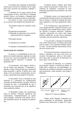 10-20
O conjunto para inspeção de penetração
fluorescente consiste de instalação de luz negra
bem como aerossóis de penetrante, limpador e
revelador.
A instalação de luz negra consiste de um
transformador de força, cabo flexível e lâmpada
portátil. Graças a seu tamanho, a lâmpada pode
ser utilizada em qualquer posição ou localização.
Em síntese, os itens a serem observados
ao se executar uma inspeção de penetração são:
A)Completa limpeza da superfície metá-
lica.
B) Aplicação do penetrante.
C) Remoção do penetrante com emulsifi-
cador-removedor ou limpador.
D)Secagem da peça
E) Aplicação do revelador
F) Inspeção e interpretação do resultado.
Interpretação dos resultados
O sucesso e a confiabilidade de uma ins-
peção com líquido penetrante depende do cuida-
do com que a peça foi preparada. Os diversos
princípios básicos aplicáveis à inspeção de
penetração são:
1) O penetrante deve atingir o defeito a
fim de formar uma indicação. É importante a-
guardar o tempo suficiente para que o penetrante
possa preencher o defeito. O defeito deve estar
limpo e livre de matérias contaminantes, de mo-
do que o penetrante possa atingi-lo livremente.
2) Não poderá haver a formação de uma
indicação se o penetrante for completamente
removido do defeito durante a lavagem. Antes da
revelação há, pois, a possibilidade de que o
penetrante seja removido não só da superfície,
como também do defeito.
3) Rachaduras limpas são normalmente
fáceis de detectar. Aberturas superficiais não
contaminadas, independentemente de quanto
sejam delgadas, raramente serão difíceis de se-
rem detectadas através da inspeção de penetra-
ção.
4) Quanto menor o defeito, mais longo
será o tempo de penetração. Fendas finas, à se-
melhança de rachaduras, necessitam de mais
tempo para penetração do que defeitos, tais como
porosidade.
5) Quando a peça a ser inspecionada for
construída de material suscetível ao magnetismo,
deve-se utilizar o método da inspeção por partí-
culas magnéticas, caso haja equipamento dispo-
nível.
6) O revelador para o tipo penetrante vi-
sível, quando aplicado à superfície da peça, seca-
rá formando uma camada branca tênue e unifor-
me. Durante a secagem, indicações brilhantes
vermelhas aparecerão nos locais onde hajam
defeitos superficiais. Se não houver indicações
vermelhas, não haverá defeitos superficiais.
7) Ao proceder à inspeção de penetração
com corante fluorescente, os defeitos aparecerão
(sob luz negra ) com coloração brilhante amare-
lo-verde. As áreas perfeitas apresentarão colora-
ção azul-violeta escura.
8) É possível examinar a indicação de um
defeito e determinar sua causa, bem como sua
extensão. Tal julgamento pode ser feito saben-
do-se algo sobre os processos de fabricação aos
quais a peça foi submetida.
O tamanho da indicação, ou o acúmulo
do penetrante indicará a extensão do defeito. O
brilho dará a medida de sua profundidade. As
indicações de rachaduras profundas comportarão
mais penetrantes, sendo, portanto, mais largas e
brilhantes.
Figura 10-12 Tipos de defeitos.
Fendas muito delgadas comportam pe-
quena quantidade de penetrantes, aparecendo
portanto como linhas finas. A figura 10-12 apre-
 
