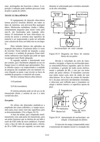 10-24
mais prolongados são leucemia e câncer. A ex-
posição à radiação pode também provocar lesão
da pele e queda do cabelo.
TESTE ULTRA-SÔNICO
O equipamento de detecção ultra-sônica
tornou possível localizar defeitos em todos os
tipos de materiais, sem provocar-lhes quaisquer
danos. Minúsculas rachaduras, fendas e falhas,
extremamente pequenas para serem vistas pelo
raio-X, são localizadas pela inspeção ultra-
sônica. O instrumento de teste ultra-sônico ne-
cessita de acesso a somente uma superfície do
material a ser inspecionado e pode ser utilizado
com a técnica do feixe em linha reta ou em ângu-
lo.
Dois métodos básicos são aplicados na
inspeção ultra-sônica. O primeiro deles é o teste
de inversão. Nesse método de inspeção, a peça
sob exame e a unidade de pesquisa ficam total-
mente submersas num líquido que pode ser água
ou qualquer outro fluido adequado.
O segundo método é denominado teste
por contato, que é facilmente adaptado ao uso no
hangar (esse é o método aqui apresentado). Nes-
se método a peça a ser inspecionada e a unidade
de pesquisa são acopladas com um material vis-
coso (líquido ou pasta ) que reveste as faces da
unidade de pesquisa e o material sob exame.
Há dois sistemas básicos ultra-sônicos:
1) O pulsante
2) O de ressonância.
O sistema pulsante pode ser de eco ou de
transmissão direta; o sistema de eco é o mais
versátil dos dois.
Eco-pulso
Os efeitos são detectados medindo-se a
amplitude dos sinais refletidos e o tempo neces-
sário para esses sinais irem das superfícies para
as descontinuidades. (Ver a figura 10-13).
A base de tempo, que é disparada simul-
taneamente com cada pulso de transmissão, gera
um ponto luminoso que se desloca de um lado a
outro do CRT (tubo de raios catódicos). O ponto
varre a face do tubo da esquerda para a direita,
de 50 a 5.000 vezes por segundo, ou mais rapi-
damente se selecionado para varredura automáti-
ca de alta velocidade.
Figura 10-13 Diagrama em bloco do sistema
básico de eco-pulso.
Devido à velocidade do ciclo de trans-
missão e recepção, a figura no osciloscópio pare-
ce estacionária.Poucos segundos, após ter início
a varredura, o gerador de razão excita eletrica-
mente o pulsador de RF, e este por seu turno
emite um pulso elétrico. O transdutor converte
esse pulso numa curta série de ondas de som
ultra-sônicas. Se as faces de contato do transdu-
tor e da peça estiverem devidamente orientadas,
o ultra-som será refletido para o transdutor ao
atingir o defeito interno e a superfície oposta da
peça
Figura 10-14 Apresentação do osciloscópio em
relação à localização do defeito.
.
O intervalo de tempo compreendido entre
a transmissão do impulso inicial e a recepção dos
 