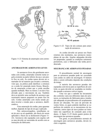 11-23
Figura 11-21 Sistema de amarração com corren-
te.
ANCORAGEM DE AERONAVES LEVES
As aeronaves leves são geralmente anco-
radas com cordas, amarradas somente numa ar-
gola existente na parte inferior da asa e um pon-
to fixo no solo. As cordas nunca devem ser a-
marradas de tal maneira que levante a estrutura,
visto que, na prática pode danificar a estrutura
se a corda for amarrada muito frouxa. Bracele-
tes de amarração evitam que a corda encolha
quando molhada. Mais ou menos 2 cm deve fica
aliviado para o movimento da asa. Também
deve-se permitir uma oscilação da aeronave que
ocasionará trancos pequenos no ponto fixo do
solo. Cordas amarradas com muita tensão po-
dem inverter a tensão para a aeronave, danifi-
cando-a.
Uma amarração de cordas, para aguentar
melhor, depende do tipo de nó que é aplicado.
Nós antiescorregadios, semelhantes ao
nó de arco ou nó quadrado, são fáceis de serem
aplicados e fáceis de se desfazerem (Figura 11-
22). Aeronaves não equipadas com argolas sob
as asas deverão ser ancoradas de acordo com as
instruções do fabricante.
Figura 11-22 Tipos de nós comuns para amar-
ração de aeronaves.
As cordas deverão ser presas nos finais
externos dos montantes, nas aeronaves mono-
planas de asa alta. Argolas adequadas deverão
ser preparadas, quando as condições estruturais
permitirem, caso o fabricante não tenha provi-
denciado.
SEGURANÇA DE AERONAVES PESADAS
O procedimento normal de ancoragem
para as aeronaves pesadas pode ser executado
com cordas ou cabos de ancoragem. O número
deles a serem utilizados depende das condições
do tempo.
A maioria das aeronaves pesadas são
equipadas com travas para as superfícies de con-
trole, as quais deverão ser acopladas ou instala-
das quando a aeronave estiver segura.
Uma vez que o método de travamento
dos controles varia nos diferentes tipos de aero-
naves, as instruções do fabricante para a instala-
ção adequada ou procedimentos de acoplamento
devem ser checadas. No caso de previsão de
ventos fortes, os quais poderão danificar as su-
perfícies de controle ou os mecanismos de tra-
vamento, outros tipos de trava podem ser insta-
lados nas superfícies de comando para evitar
danos. A figura 11-23 ilustra quatro pontos de
ancoragem nas aeronaves pesadas.
Em geral, os procedimentos normais de
ancoragem para aeronaves pesadas, devem in-
cluir o seguinte:
 