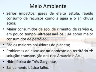 Meio Ambiente
• Sérios impactos: gases de efeito estufa, rápido
  consumo de recursos como a água e o ar, chuva
  ácida;
• Maior consumidor de aço, de cimento, de carvão e,
  em pouco tempo, ultrapassará os EUA como maior
  consumidor de petróleo;
• São os maiores poluidores do planeta;
• Problemas de escassez no nordeste do território 
  solução: transposição dos rios Amarelo e Azul;
• Hidrelétrica de Três Gargantas;
• Saneamento básico falho.
 