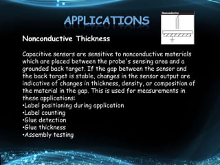 Nonconductive Thickness
Capacitive sensors are sensitive to nonconductive materials
which are placed between the probe's sensing area and a
grounded back target. If the gap between the sensor and
the back target is stable, changes in the sensor output are
indicative of changes in thickness, density, or composition of
the material in the gap. This is used for measurements in
these applications:
•Label positioning during application
•Label counting
•Glue detection
•Glue thickness
•Assembly testing
 