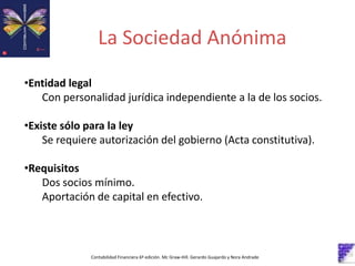 La Sociedad Anónima
Contabilidad Financiera 6º edición. Mc Graw-Hill. Gerardo Guajardo y Nora Andrade
•Entidad legal
Con personalidad jurídica independiente a la de los socios.
•Existe sólo para la ley
Se requiere autorización del gobierno (Acta constitutiva).
•Requisitos
Dos socios mínimo.
Aportación de capital en efectivo.
 