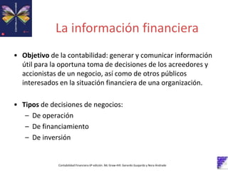 La información financiera
Contabilidad Financiera 6º edición. Mc Graw-Hill. Gerardo Guajardo y Nora Andrade
• Objetivo de la contabilidad: generar y comunicar información
útil para la oportuna toma de decisiones de los acreedores y
accionistas de un negocio, así como de otros públicos
interesados en la situación financiera de una organización.
• Tipos de decisiones de negocios:
– De operación
– De financiamiento
– De inversión
 