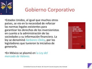 Gobierno Corporativo
•Estados Unidos, al igual que muchos otros
países, se vio en la necesidad de reforzar
las normas legales existentes para
garantizar los derechos de los inversionistas
en cuanto a la administración de las
sociedades y su información financiera. La
ley se denominó Sarbanes-Oxley, por los
legisladores que tuvieron la iniciativa de
generarla.
•En México se plasmó en la Ley del
mercado de Valores.
Contabilidad Financiera 6º edición. Mc Graw-Hill. Gerardo Guajardo y Nora Andrade
 