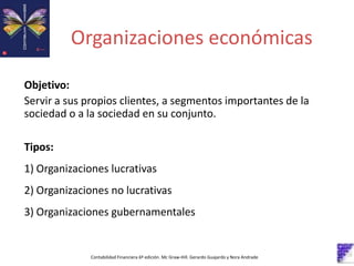 Organizaciones económicas
Objetivo:
Servir a sus propios clientes, a segmentos importantes de la
sociedad o a la sociedad en su conjunto.
Tipos:
1) Organizaciones lucrativas
2) Organizaciones no lucrativas
3) Organizaciones gubernamentales
Contabilidad Financiera 6º edición. Mc Graw-Hill. Gerardo Guajardo y Nora Andrade
 