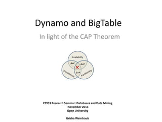Dynamo and BigTable
In light of the CAP Theorem

22953 Research Seminar: Databases and Data Mining
November 2013
Open Univ...