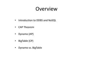 Overview
• Introduction to DDBS and NoSQL
• CAP Theorem
• Dynamo (AP)

• BigTable (CP)
• Dynamo vs. BigTable

 