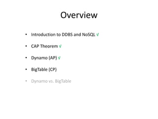 Overview
• Introduction to DDBS and NoSQL √
• CAP Theorem √
• Dynamo (AP) √

• BigTable (CP)
• Dynamo vs. BigTable

 