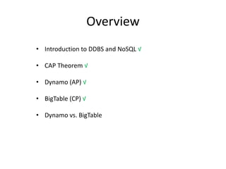 Overview
• Introduction to DDBS and NoSQL √
• CAP Theorem √
• Dynamo (AP) √

• BigTable (CP) √
• Dynamo vs. BigTable

 