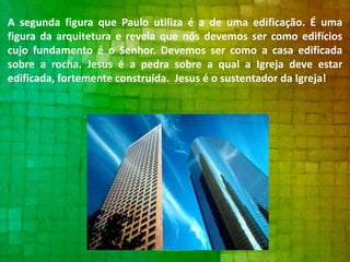 A segunda figura que Paulo utiliza é a de uma edificação. É uma
figura da arquitetura e revela que nós devemos ser como edifícios
cujo fundamento é o Senhor. Devemos ser como a casa edificada
sobre a rocha. Jesus é a pedra sobre a qual a Igreja deve estar
edificada, fortemente construída. Jesus é o sustentador da Igreja!

 
