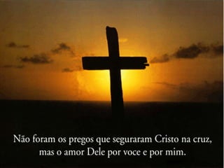 O amor de Deus por Seu povo é um amor triunfante,
contínuo e eterno. O amor de Deus por Seu povo nunca
cessou, mesmo em tempos de desobediência. A Graça de
Deus é maior que o nosso pecado. Deus não desiste de nós.
Aquele que começou a fazer a boa obra é fiel para completála. Quando temos absoluta certeza de que Deus nos ama,
tudo o mais, mesmo os graves problemas, tornam-se sem
importância. O amor de Deus é como um bálsamo para todos
os nossos males e dores.

 