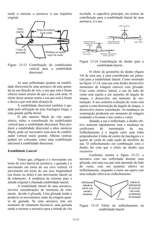 13-12
tende a retornar a aeronave à sua trajetória
original.
Figura 13-13 Contribuição do estabilizador
vertical para a estabilidade
direcional.
As asas enflechadas ajudam na estabili-
dade direcional.Se uma aeronave dá uma guina-
da na sua direção de vôo, a asa que está à frente
oferece maior arrasto de que a que está atrás. O
efeito desse arrasto retém a asa que está à frente
e deixa a que está atrás alcançá-la.
A estabilidade direcional também é aju-
dade pela utilização de uma fuselagem longa, e
uma grande quilha dorsal.
O alto número Mach do vôo super-
sônico, reduz a contribuição do estabilizador
vertical para a estabilidade direcional. Para pro-
duzir a estabilidade direcional a altos números
Mach, pode ser necessário uma área do estabili-
zador vertical muito grande. Alhetas ventrais
podem ser colocadas como uma contribuição
adicional à estabilidade direcional.
Estabilidade Lateral
Vimos que, arfagem é o movimento em
torno do eixo lateral da aeronave, e guinada é o
movimento em torno do seu eixo vertical. O
movimento em torno do seu eixo longitudinal
(na frente ou atrás) é um movimento lateral ou
de rolamento. A tendência de retornar para a
atitude original é chamada estabilidade lateral.
A estabilidade lateral de uma aeronave,
envolve considerações de momento de rola-
mento devido à glissada. Uma glissada tende a
produzir os movimentos, tanto de rolagem quan-
to de guinada. Se uma aeronave tem um
momento de rolamento favorável, uma guinada
tende a retornar a aeronave para a atitude de vôo
nivelado. A superfície principal, em termos de
contribuição para a estabilidade lateral de uma
aeronave, é a asa.
Figura 13-14 Contribuição do diedro para a
estabilidade lateral.
O efeito da geometria do diedro (figura
14) de uma asa, é uma contribuição em poten-
cial para a estabilidade lateral. Como mostrado
na figura 13-14, uma asa com diedro desenvolve
momentos de rolagem estáveis com glissada.
Com vento relativo lateral, a asa do lado do
vento está sujeita a um aumento do ângulo de
ataque, e desenvolve um aumento de sus-
tentação. A asa contrária à direção do vento está
sujeita a uma diminuição do ângulo de ataque, e
desenvolve menos sustentação. As mudanças na
sustentação produzem um momento de rolagem
tendendo a levantar a asa contra o vento.
Quando a asa é enflechada, o diedro efe-
tivo aumenta rapidamente com a mudança no
coeficiente de sustentação da asa.
Enflechamento é o ângulo entre uma linha
perpendicular à linha de centro da fuselagem e o
quarto de corda de cada seção de aerofólio da
asa. O enflechamento em combinação com o
diedro faz com que o efeito do diedro seja
excessivo.
Conforme mostra a figura 13-15, a
aeronave com asa enflechada durante uma
glissada, tem uma asa que está operando do lado
do vento, com um aumento efetivo no
enflechamento, enquanto a outra asa opera com
uma redução efetiva no enflechamento.
Figura 13-15 Efeito do enflechamento na
estabilidade lateral.
 