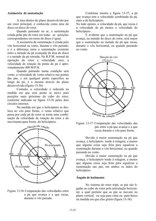 13-24
Assimetria de sustentação
A área dentro do plano desenvolvido por
um rotor principal, é conhecida como área do
disco ou disco do rotor.
Quando pairando no ar, a sustentação
criada pelas pás do rotor em todas as posições
correspondentes em torno do disco é igual.
A assimetria de sustentação é criada pelo
vôo horizontal ou vento, durante o vôo pairado,
e é a diferença entre a sustentação existente
entre a metade da pá avançada da área do disco
e a metade da pá retraída. Na R.P.M. normal de
operação do rotor e velocidade zero, a
velocidade de rotação da ponta da pá é apro-
ximadamente 400 M.P.H.
Quando pairando numa condição sem
vento, a velocidade do vento relativo nas pontas
das pás, e em qualquer ponto específico ao
longo da pá, é a mesma através do plano
desenvolvido (figura 13-36).
Contudo, a velocidade é reduzida na
medida em que esse ponto se move para
posições mais próximas do cubo do rotor,
conforme indicado na figura 13-36 pelos dois
círculos internos.
Na medida em que o helicóptero se des-
loca no vôo para frente, o vento relativo que
passa por cada pá do rotor se torna uma combi-
nação da velocidade de rotação do rotor e do
movimento para frente, do helicóptero.
Figura 13-36 Comparação das velocidades entre
a pá que avança e a que recua,
durante o vôo pairado.
Conforme mostra a figura 13-37, a pá
que avança tem a velocidade combinada da pá,
mais a do helicóptero.
No lado oposto, a velocidade da pá, que recua é
a velocidade da pá menos a velocidade do
helicóptero.
É evidente que a sustentação na pá que
avança, na metade do disco do rotor, será maior
que a sustentação na metade da pá que recua,
durante o vôo horizontal, ou quando pairando
no vento.
Figura 13-37 Comparação das velocidades das
pás entre a pá que avança e a que
recua durante o vôo para frente.
Devido à maior sustentação na pá que
avança, o helicóptero tende à rolagem, a menos
que alguma coisa seja feita para equalizar a
sustentação durante o vôo horizontal, ou quando
pairando no vento.
Devido à maior sustentação na pá que
avança, o helicóptero tende à rolagem, a menos
que alguma coisa seja feita para equalizar a
sustentação nas pás, em ambos os lados do
helicóptero.
Ângulo de batimento
No sistema do rotor tripá, as pás são li-
gadas ao cubo do rotor pela articulação horizon-
tal, a qual permite que as pás se movam no
plano vertical, ou seja para cima ou para baixo
na medida em que elas giram (figura 13-38).
 