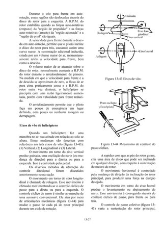 13-27
Durante o vôo para frente em auto-
rotação, essas regiões são deslocadas através do
disco do rotor para a esquerda. A R.P.M. do
rotor estabiliza quando as forças auto-rotativas
(empuxo) da "região de propulsão" e as forças
auto-rotativas (arrasto) da "região acionada" e a
"região de estol" são iguais.
A velocidade para frente durante a desci-
da em auto-rotação, permite que o piloto incline
o disco do rotor para trás, causando assim uma
curva suave. A sustentação adicional induzida,
criada por um volume maior de ar, momentane-
amente retém a velocidade para frente, bem
como a descida.
O volume maior de ar atuando sobre o
disco do rotor, normalmente aumenta a R.P.M.
do rotor durante o arredondamento de planeio.
Na medida em que a velocidade para frente e a
de descida se aproximam de zero, o fluxo de ar
para cima praticamente cessa e a R.P.M. do
rotor outra vez diminui; o helicóptero se
precipita com uma razão ligeiramente aumen-
tada, porém com velocidade para frente reduzi-
da.
O arredondamento permite que o piloto
faça um pouco de emergência em lugar
definido, com pouca ou nenhuma rolagem ou
derrapagem.
Eixos de vôo do helicóptero
Quando um helicóptero faz uma
manobra no ar, sua atitude em relação ao solo se
altera. Essas mudanças são descritas com
referência aos três eixos de vôo (figura 13-43):
(1) Vertical, (2) Longitudinal e (3) Lateral.
O movimento em torno do eixo vertical
produz guinada, uma oscilação do nariz (ou mu-
dança de direção) para a direita ou para a
esquerda. Isso é controlado pelo pedal.
Os diversos métodos de obtenção do
controle direcional foram discutidos
anteriormente nessa seção.
O movimento em torno do eixo longitu-
dinal é chamado de rolagem. Esse movimento é
efetuado movimentando-se o controle cíclico de
passo para a direta ou para a esquerda. O
controle cíclico de passo é similar ao manche de
uma aeronave convencional. Ele atua por meio
de articulações mecânicas (figura 13-44) para
mudar o passo de cada pá do rotor principal
durante um ciclo de rotação.
Figura 13-43 Eixos de vôo.
Figura 13-44 Mecanismo de controle do
passo cíclico.
A rapidez com que as pás do rotor giram,
cria uma área de disco que pode ser inclinada
em qualquer direção, com respeito à sustentação
do mastro do rotor.
O movimento horizontal é controlado
pela mudança de direção da inclinação do rotor
principal, para produzir uma força na direção
desejada.
O movimento em torno do eixo lateral
produz o levantamento ou abaixamento do
nariz. Esse movimento é conseguido através do
controle cíclico de passo, para frente ou para
trás.
O controle de passo coletivo (figura 13-
45) varia a sustentação do rotor principal,
 