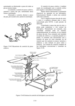 13-28
aumentando ou diminuindo o passo de todas as
pás ao mesmo tempo.
Levantando o controle de passo coletivo,
aumenta o passo das pás, aumentando dessa
forma a sustentação.
Abaixando o controle, diminui o passo
das pás, provocando uma perda de sustentação.
Figura 13-45 Mecanismo de controle do passo
coletivo.
O controle de passo coletivo é também
usado em coordenação com o controle cíclico
para regular a velocidade do helicóptero.
Muitos fatores determinam a sustentação
disponível na operação de um helicóptero.
Genericamente falando, o piloto tem controle
sobre dois controles.
Um é o ângulo do passo das pás do rotor;
o outro é a potência entregue para o rotor,
representada pela R.P.M. e pela pressão de
admissão.
Controlando o passo das pás do rotor, o
piloto pode estabelecer o vôo vertical do
helicóptero. Manipulando um comando, uma
velocidade constante pode ser mantida,
independentemente do aumento ou da redução
do passo das pás. Esse comando está instalado
no punho do coletivo, e, é operado girando-se o
punho. O comando está sincronizado com o
controle de passo de rotor principal, de tal
maneira que um aumento no passo, aumenta a
potência; e uma redução no passo reduz a
potência. Um sistema de controle completo de
um helicóptero convencional é mostrado na
figura 13-46.
Figura 13-46 Sistema de controle de helicóptero convencional
 