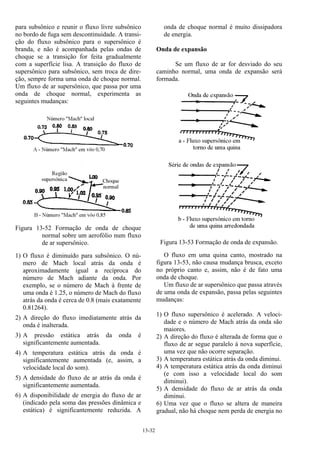 13-32
para subsônico e reunir o fluxo livre subsônico
no bordo de fuga sem descontinuidade. A transi-
ção do fluxo subsônico para o supersônico é
branda, e não é acompanhada pelas ondas de
choque se a transição for feita gradualmente
com a superfície lisa. A transição do fluxo de
supersônico para subsônico, sem troca de dire-
ção, sempre forma uma onda de choque normal.
Um fluxo de ar supersônico, que passa por uma
onda de choque normal, experimenta as
seguintes mudanças:
Figura 13-52 Formação de onda de choque
normal sobre um aerofólio num fluxo
de ar supersônico.
1) O fluxo é diminuído para subsônico. O nú-
mero de Mach local atrás da onda é
aproximadamente igual a recíproca do
número de Mach adiante da onda. Por
exemplo, se o número de Mach à frente de
uma onda é 1.25, o número de Mach do fluxo
atrás da onda é cerca de 0.8 (mais exatamente
0.81264).
2) A direção do fluxo imediatamente atrás da
onda é inalterada.
3) A pressão estática atrás da onda é
significantemente aumentada.
4) A temperatura estática atrás da onda é
significantemente aumentada (e, assim, a
velocidade local do som).
5) A densidade do fluxo de ar atrás da onda é
significantemente aumentada.
6) A disponibilidade de energia do fluxo de ar
(indicado pela soma das pressões dinâmica e
estática) é significantemente reduzida. A
onda de choque normal é muito dissipadora
de energia.
Onda de expansão
Se um fluxo de ar for desviado do seu
caminho normal, uma onda de expansão será
formada.
Figura 13-53 Formação de onda de expansão.
O fluxo em uma quina canto, mostrado na
figura 13-53, não causa mudança brusca, exceto
no próprio canto e, assim, não é de fato uma
onda de choque.
Um fluxo de ar supersônico que passa através
de uma onda de expansão, passa pelas seguintes
mudanças:
1) O fluxo supersônico é acelerado. A veloci-
dade e o número de Mach atrás da onda são
maiores.
2) A direção do fluxo é alterada de forma que o
fluxo de ar segue paralelo à nova superfície,
uma vez que não ocorre separação.
3) A temperatura estática atrás da onda diminui.
4) A temperatura estática atrás da onda diminui
(e com isso a velocidade local do som
diminui).
5) A densidade do fluxo de ar atrás da onda
diminui.
6) Uma vez que o fluxo se altera de maneira
gradual, não há choque nem perda de energia no
 